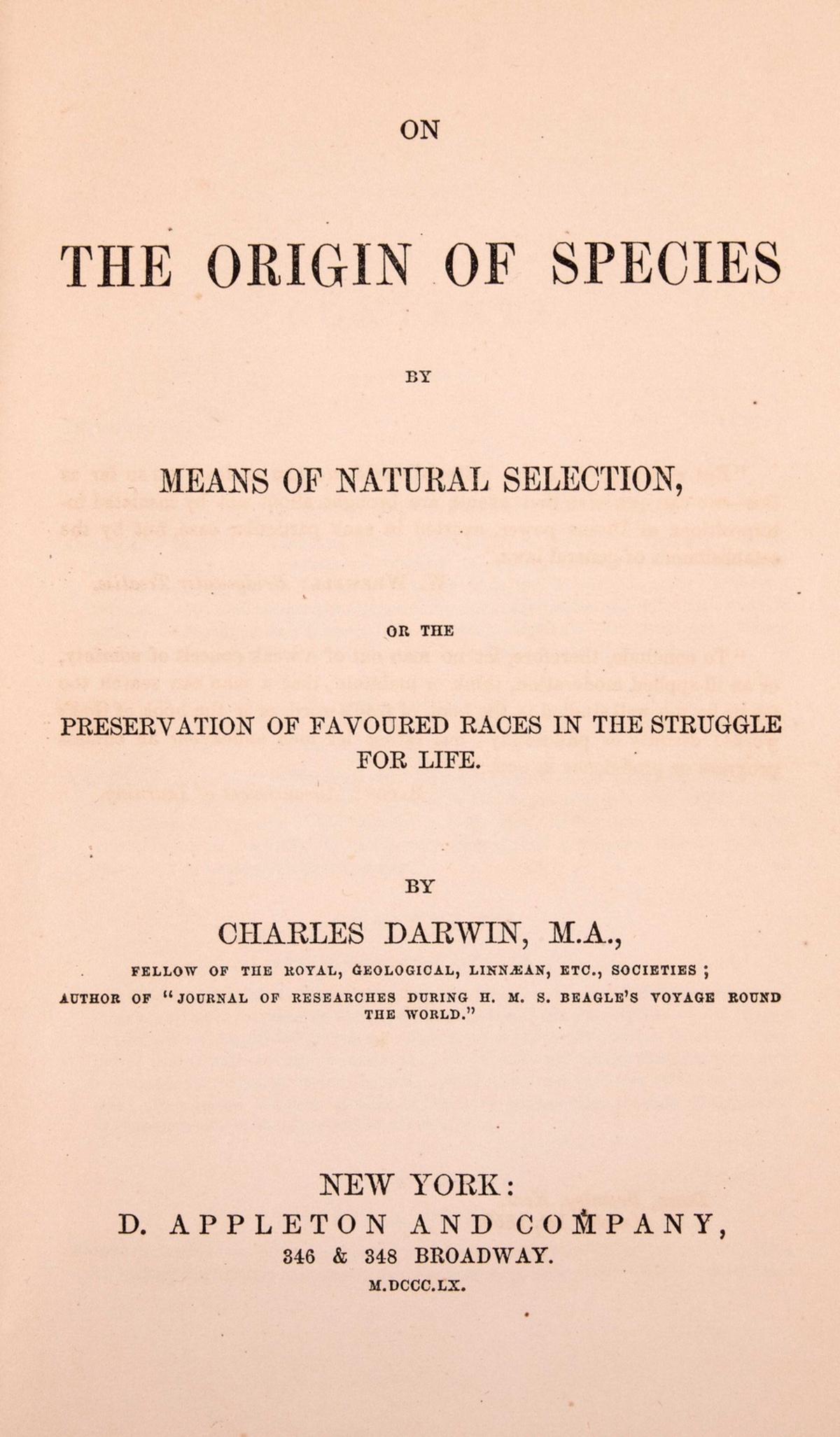 Darwin (Charles) On The Origin of Species by Means of Natural Selection, first American edition, (1 of 1)