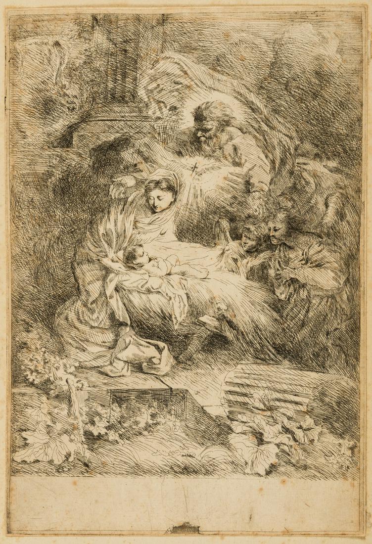 Giovanni Benedetto Castiglione (1609-1664) The Nativity with God the Father, the Dove of the Holy: Giovanni Benedetto Castiglione (1609-1664)The Nativity with God the Father, the Dove of the Holy Spirit and Two AngelsEtching, circa 1647, a very good impression on thick laid paper with watermark of
