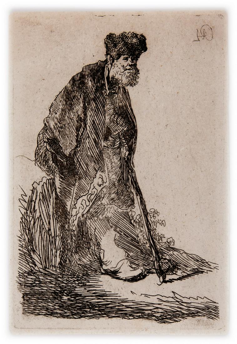 ** Rembrandt van Rijn (1606-1669)  Man in a Coat and Fur Cap Leaning Against a Bank (1 of 2)