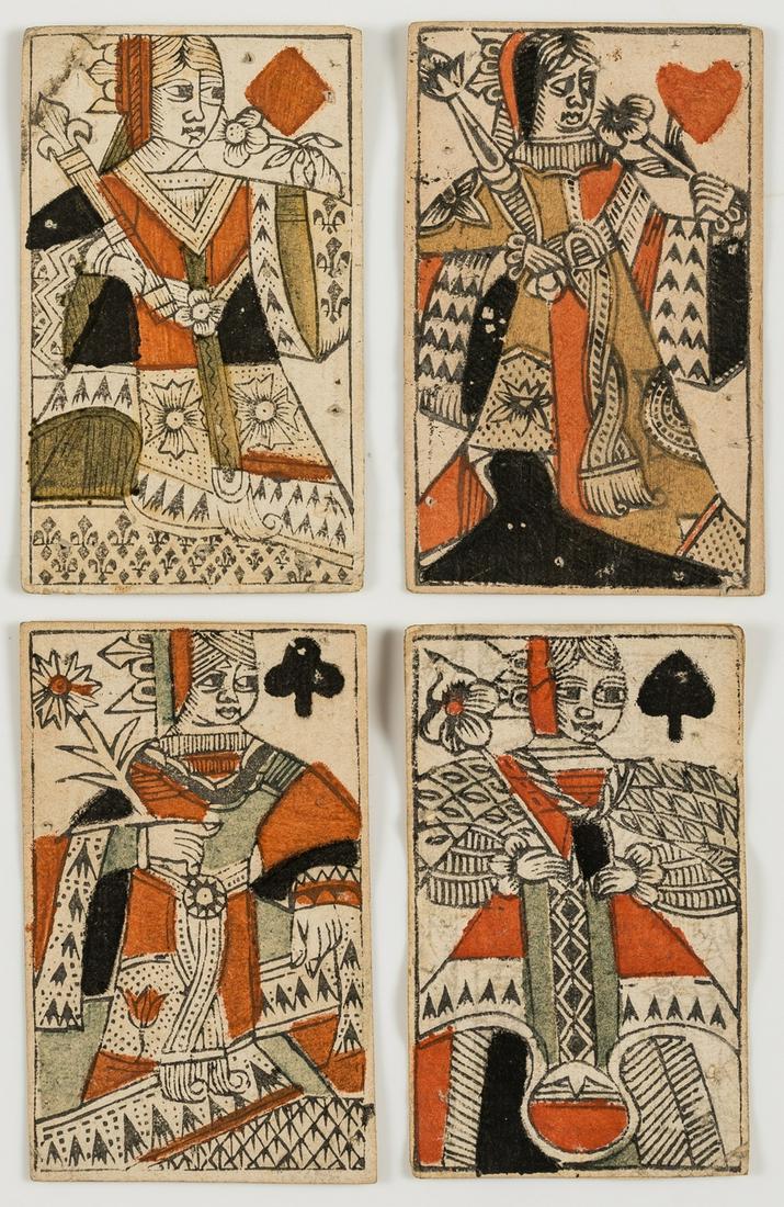 French School (probably 18th century)  Four playing cards, including the Queen of Hearts, Diamonds, (1 of 2)