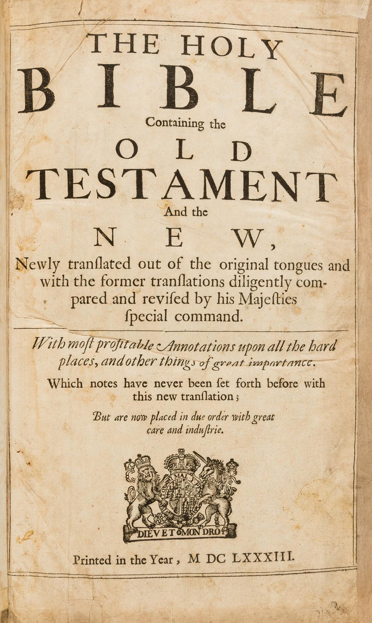Bible, English.- The Holy Bible Containing the Old Testament and the New..., Amsterdam, 1683. (1 of 2)