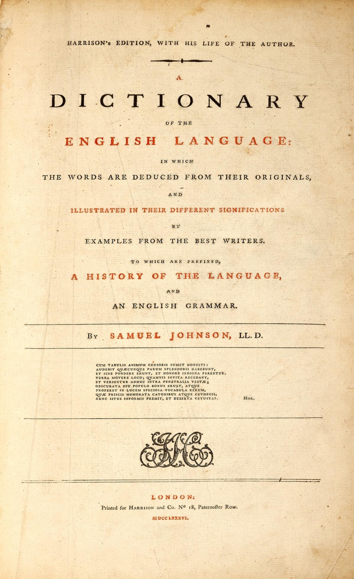 Johnson (Samuel) A Dictionary of the English Language, 'Harrison's Edition, with his Life of the (1 of 1)
