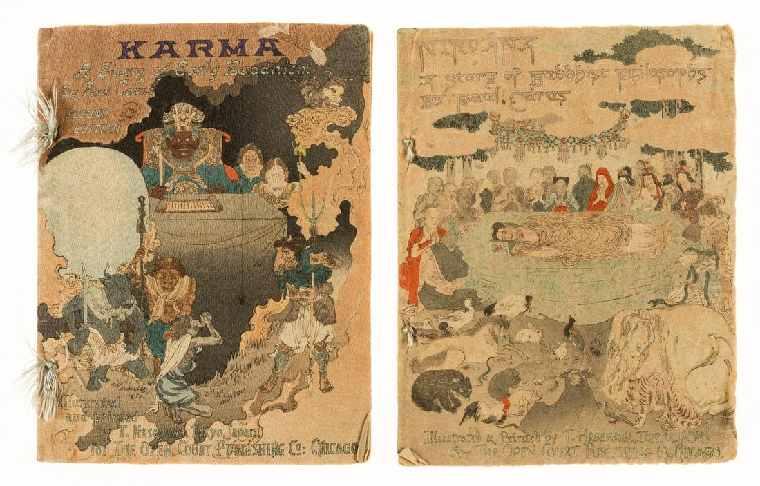 Hasegawa (Takejiro).- Carus (Paul) Karma, a Story of Early Buddhism, second edition, Tokyo,: Hasegawa (Takejiro).- Carus (Paul) Karma. A Story of Early Buddhism, second edition, 1896; Nirvana. A Story of Buddhist Philosophy, first edition, 1897, colour woodblock illustrations by Kason, bound 
