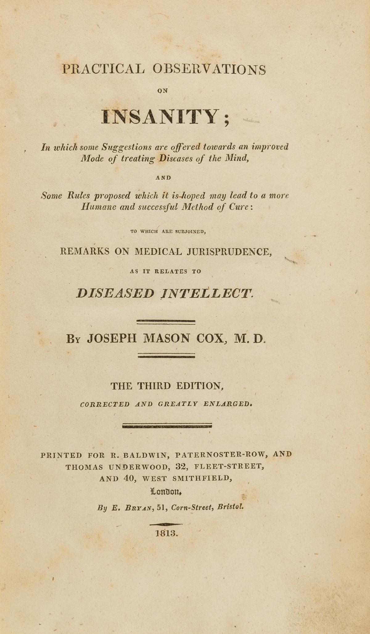 Insanity.- Mason Cox (Joseph) Practical Observations on Insanity, third edition, presentation (1 of 1)