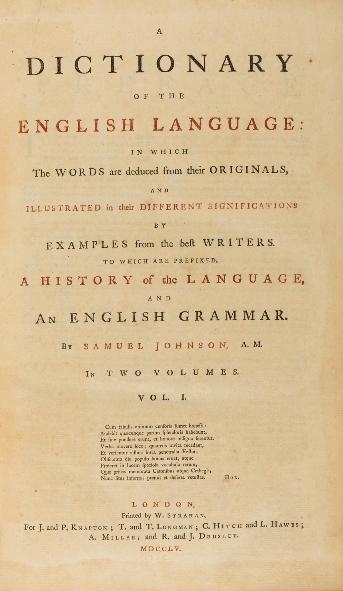 Johnson (Samuel) A Dictionary of the English Language:..., 2 vol., first edition, by W Strahan (1 of 1)