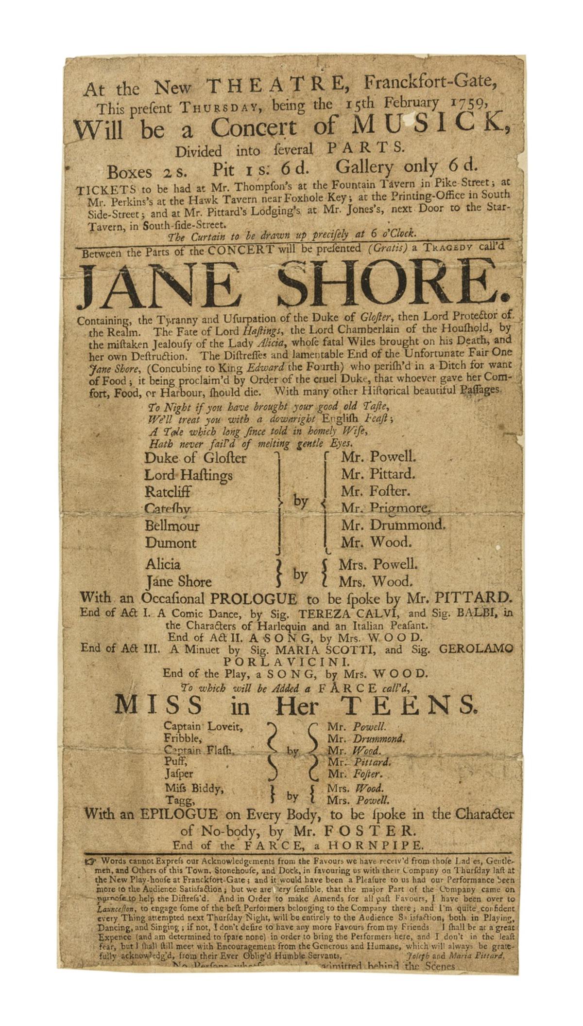 Early playbill for Plymouth theatre.- At the New Theatre, Franckfort-Gate, this present Thursday, (1 of 1)