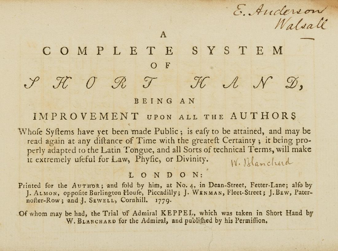 Shorthand.- Blanchard (William Isaac) A Complete System of Short Hand, first edition, Printed for (1 of 1)