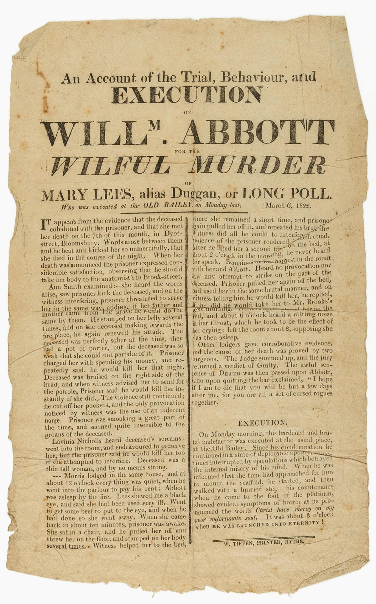 Execution broadside.- An Account of the Trial, Behaviour, and Execution of Willm. Abbott for the (1 of 1)