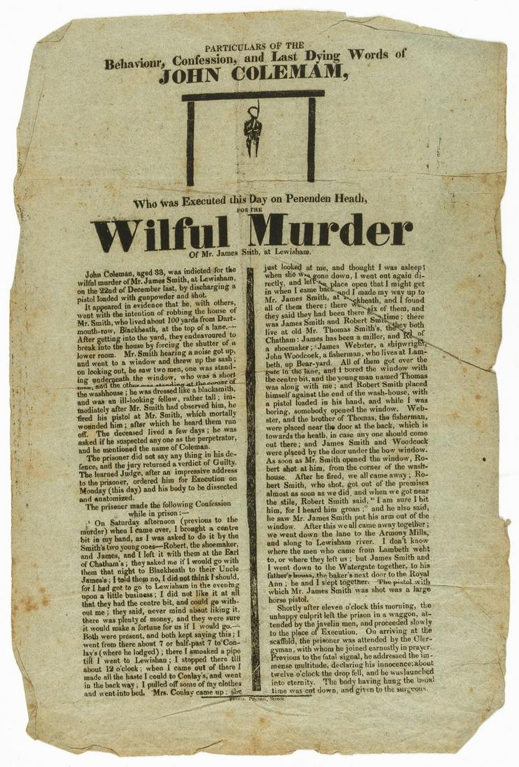 Execution broadside.- Particulars of the behaviour, confession, and last dying words of John Colemam (1 of 1)