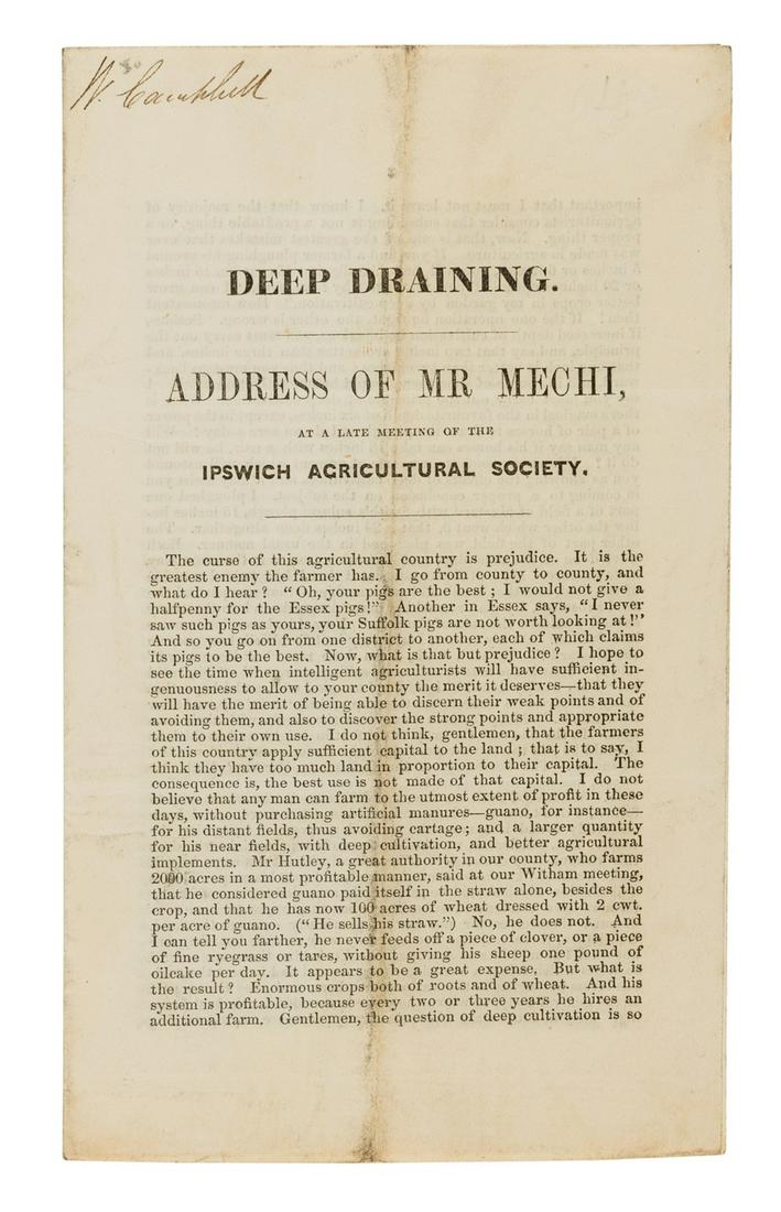 Agriculture.- Mechi (John Joseph) Deep draining. Address...at a late meeting of the Ipswich (1 of 1)