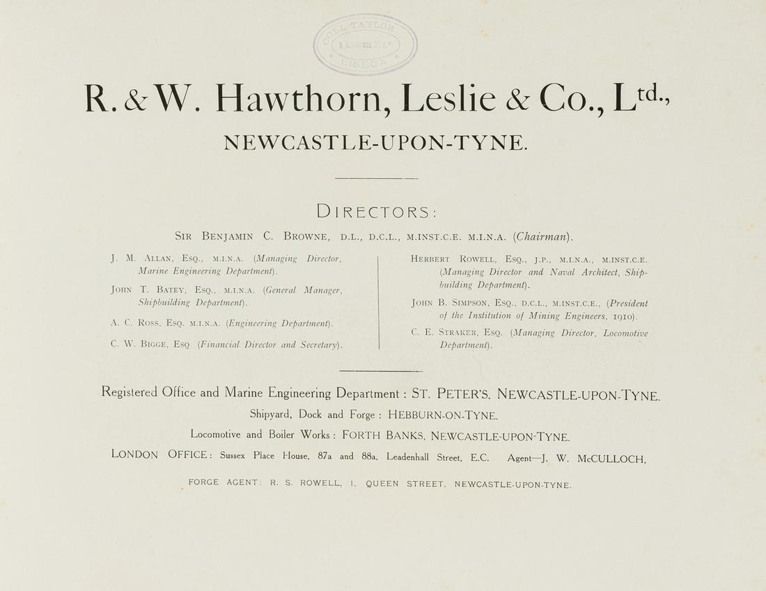 R. & W. Hawthorn Leslie & Co. Ltd. Trade Catalogue, Newcastle-Upon-Tyne, 1907; and 10 others, (1 of 1)