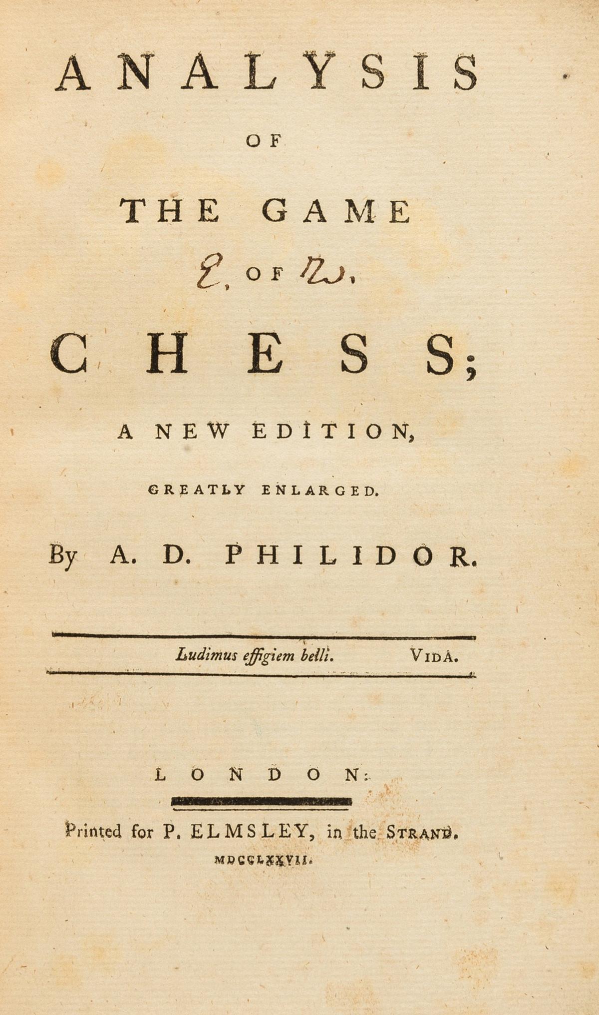 Chess.- Philidor (François-André Danican) Analysis of the Game of Chess; A New Edition, (1 of 1)
