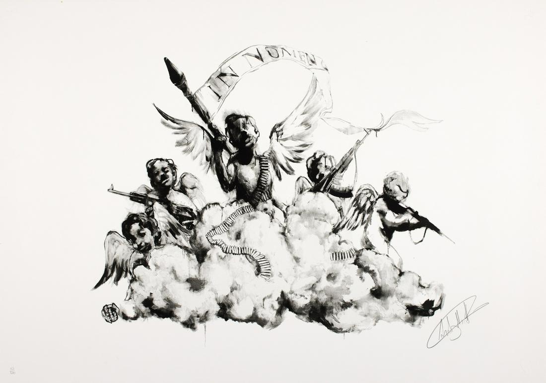 δ Antony Micallef (b. 1975) Judgement Day: δ Antony Micallef (b. 1975)Judgement DayScreenprint in black, 2006, signed in pencil, numbered from the edition of 500, published by Pictures on Walls, London, with their blindstamp, on BFK Rives