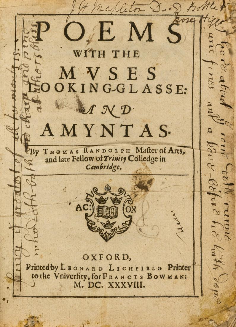 Randolph (Thomas) Poems, with the Muses Looking-Glasse, and Amyntas..., Oxford, by Leonard Lichfield (1 of 1)