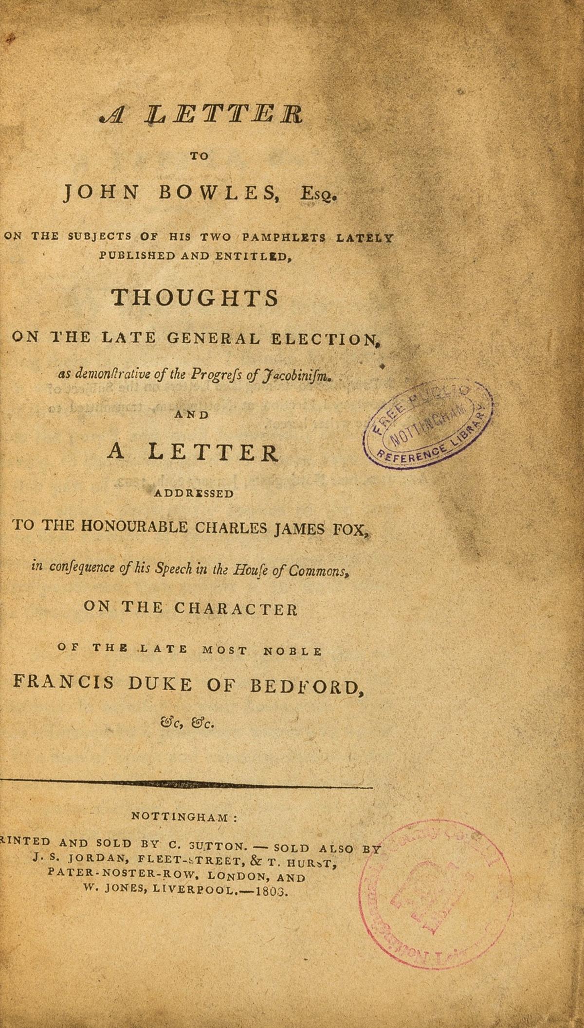 [Davison (Robert)] A Letter to John Bowles Esq ... entitled, Thoughts on the Late General Election (1 of 1)