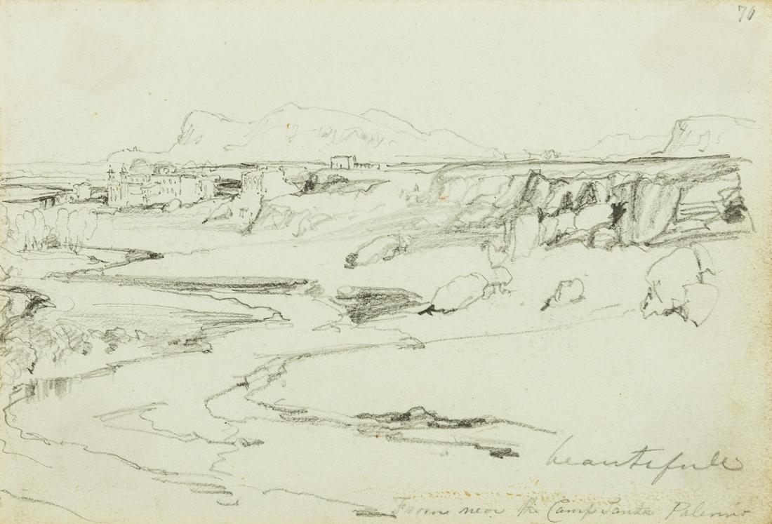 Scrap album.- Fifty 17th to 19th century engravings, and with a landscape by a Follower of Edward: Scrap album.- Fifty 17th to 19th century engravings, and with a landscape by a Follower of Edward Lear (1812-1888), the landscape executed in pencil, numbered '70', and inscribed 'near the Camp Santa