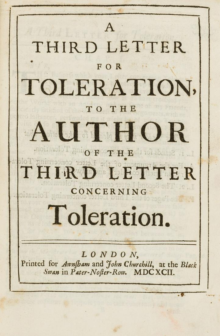 [Locke (John)] A Letter Concerning Toleration, second edition, for Awnsham Churchill, 1690; bound (1 of 3)