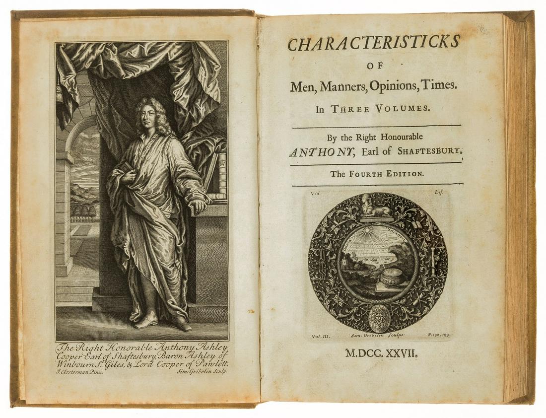 Shaftesbury (Anthony, Earl of) Characteristicks of Men, Manners, Opinions, Times, 3 vol., fourth: NO RESERVE Shaftesbury (Anthony, Earl of) Characteristicks of Men, Manners, Opinions, Times, 3 vol., fourth edition, engraved frontispiece, engraved vignettes, some light scattered foxing, contemporar