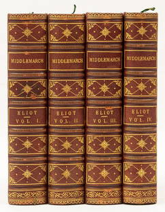 [Evans (Mary Ann)], "George Eliot". Middlemarch. A Study of Provincial Life, 4 vol., first edition: NO RESERVE [Evans (Mary Ann)], "George Eliot". Middlemarch. A Study of Provincial Life, 4 vol., first edition in book form, each book with divisional half-title, vol. 1-3 with general title and half-t