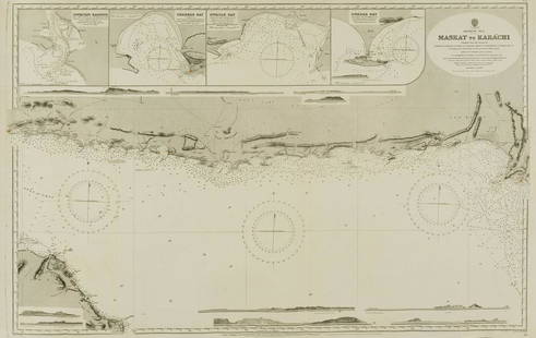 Middle East.- Oman.- Admirality Hydrographic Office (The) Maskat to Karachi, engraved chart, 1916.: Middle East.- Oman.- Admirality Hydrographic Office (The) Maskat to Karachi, showing the coast from Maskat to Karachi, the Gulf of Oman, with inset maps of Sonmoyani Harbour, Chahbar Bay, Gwatar Bay a