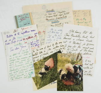 James (Edward, art patron) c. 18 Autograph items including a letter, on envelopes, postcards, scraps: James (Edward, art patron, of West Dean, West Sussex, 1907-84) c. 18 Autograph items including a letter, on envelopes, postcards, scraps etc., in English and French, in various coloured inks, Perinald