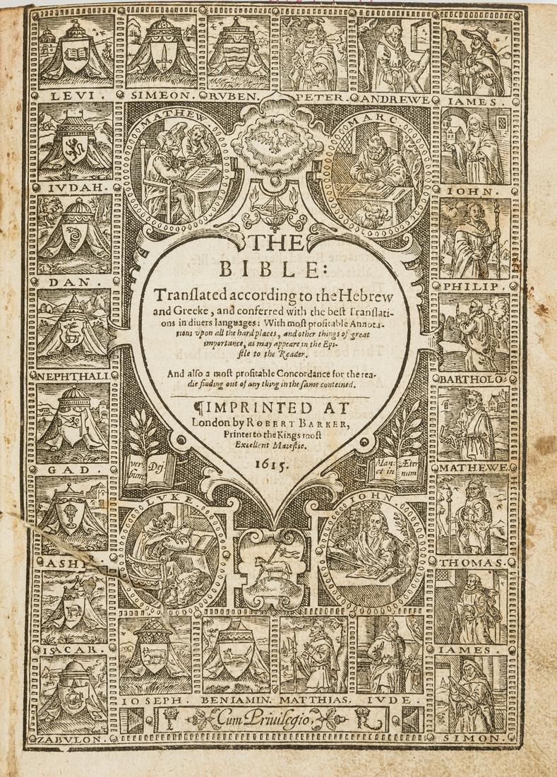 Bible, English. The Bible: Translated according to the Hebrew and Greeke..., Robert Barker, 1615, (1 of 1)
