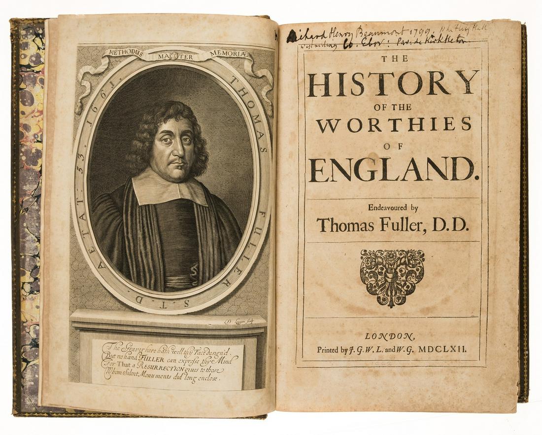Bignor Park copy.- Fuller (Thomas) The History of the Worthies of England, first edition, Printed by: Bignor Park copy.- Fuller (Thomas) The History of the Worthies of England, first edition, engraved portrait frontispiece by David Loggan, woodcut head- and tail-pieces and decorative initials, 12pp. 1