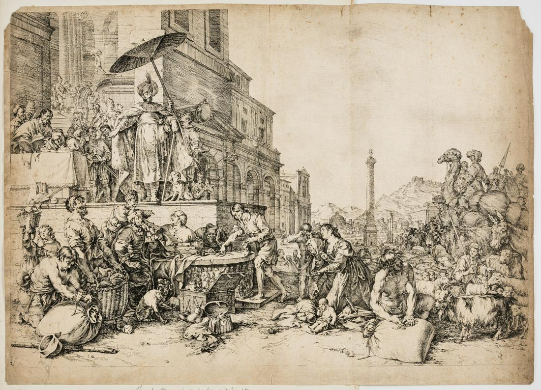 Jan de Bisschop (1628-1671) Joseph distributing grain in Egypt, after Bartholomeus Breenbergh: Jan de Bisschop (1628-1671)Joseph distributing grain in Egypt, after Bartholomeus BreenberghEtching, circa 1650, an excellent well inked impression of the first state (of three), before the clouds wer