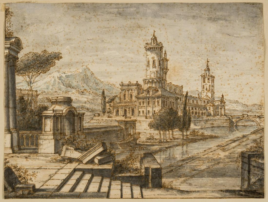 Giovanni Francesco Costa (1711-1772), Circle of. An architectural capriccio, pen and ink: Giovanni Francesco Costa (1711-1772), Circle of.An architectural capriccioPen and brown ink with monochrome wash, on thick laid paper without watermark, sheet 194 x 250 mm (7 5/8 x 9 3/4 in), under gl