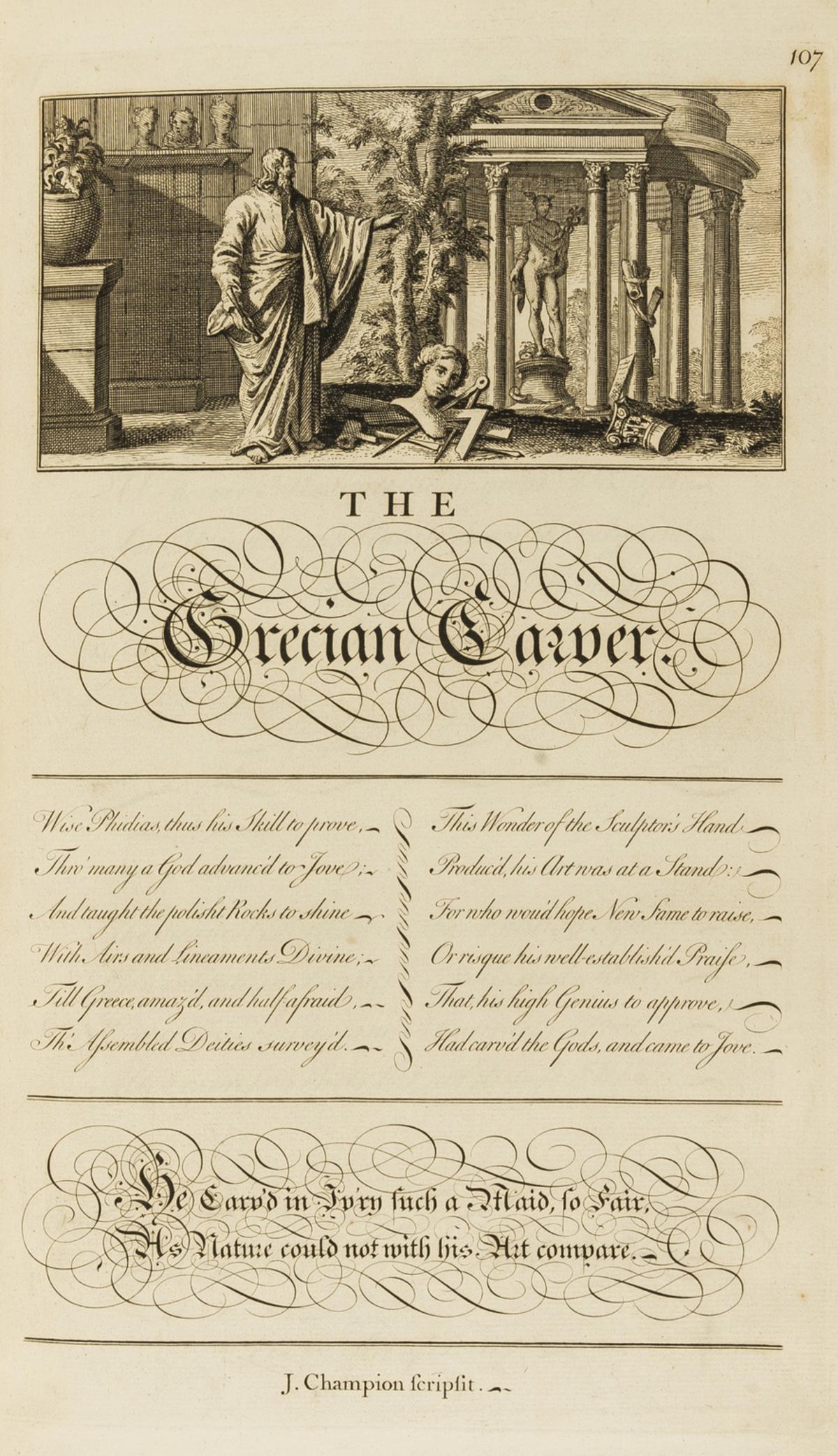 Bickham (George) The Universal Penman; or, the Art of Writing..., for Robert Sayer, [?1741].: Bickham (George) The Universal Penman; or, the Art of Writing..., engraved throughout with frontispiece and 212 numbered calligraphic leaves including 2 titles, many including vignettes, printed on re