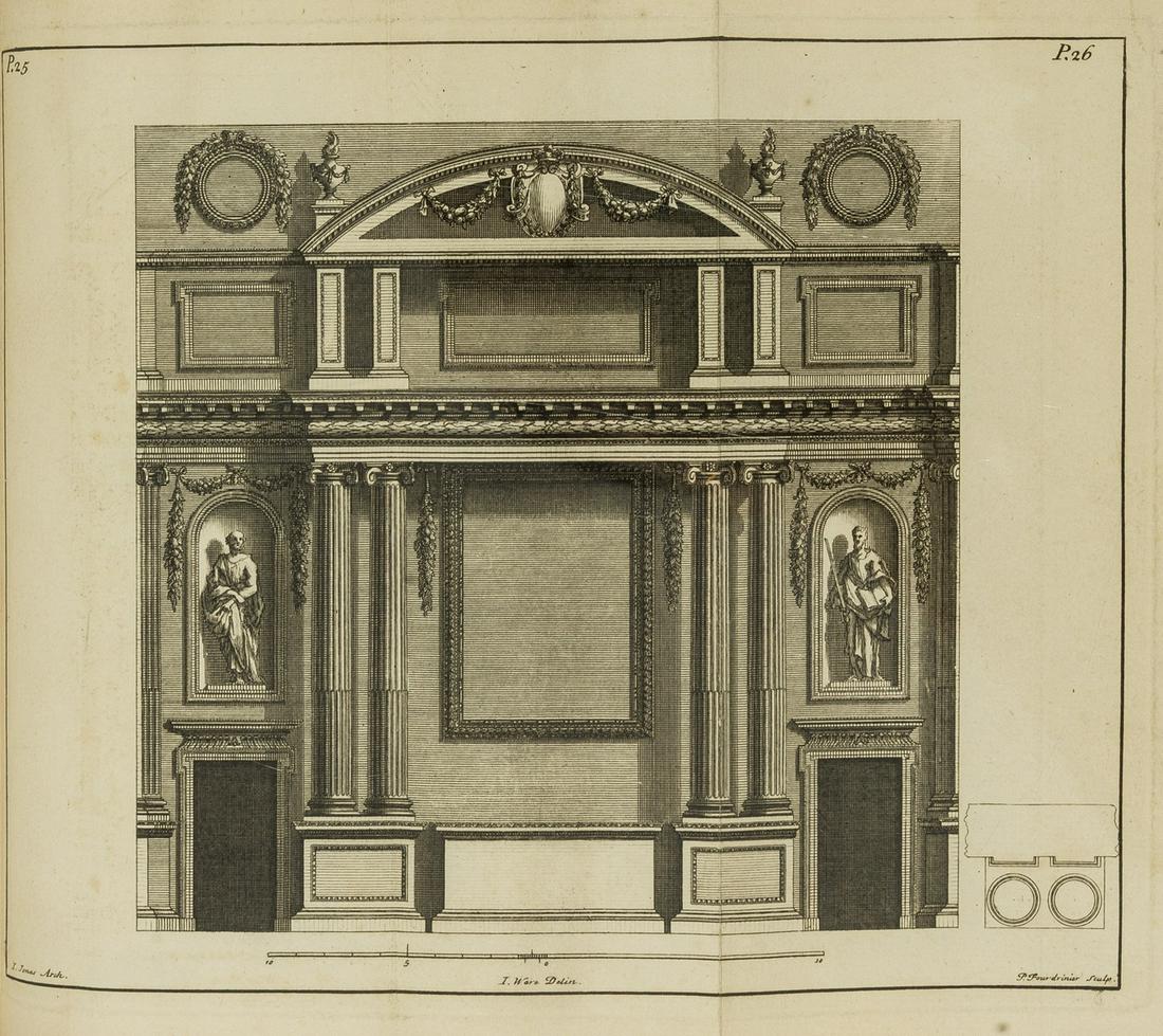 Ware (Isaac) Designs of Inigo Jones and others, J.Millan, 1743.: Ware (Isaac) Designs of Inigo Jones and others, engraved throughout with pictorial title, list of plates and 53 plates on 48 sheets by Fourdrinier, 6 folding, light staining to last few plates, penult
