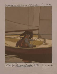 δ Michael Leonard (b. 1933) Study for Boy in a Dinghy: δ Michael Leonard (b. 1933)Study for Boy in a DinghyOil on paper laid down on board, 1972, signed, dated and titled in pencil, later inscribed 'For Anita - with love from Michael - Feb. 1984' in