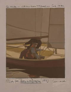 δ Michael Leonard (b. 1933) Study for Boy in a Dinghy: δ Michael Leonard (b. 1933)Study for Boy in a DinghyOil on paper laid down on board, 1972, signed, dated and titled in pencil, later inscribed 'For Anita - with love from Michael - Feb. 1984' in