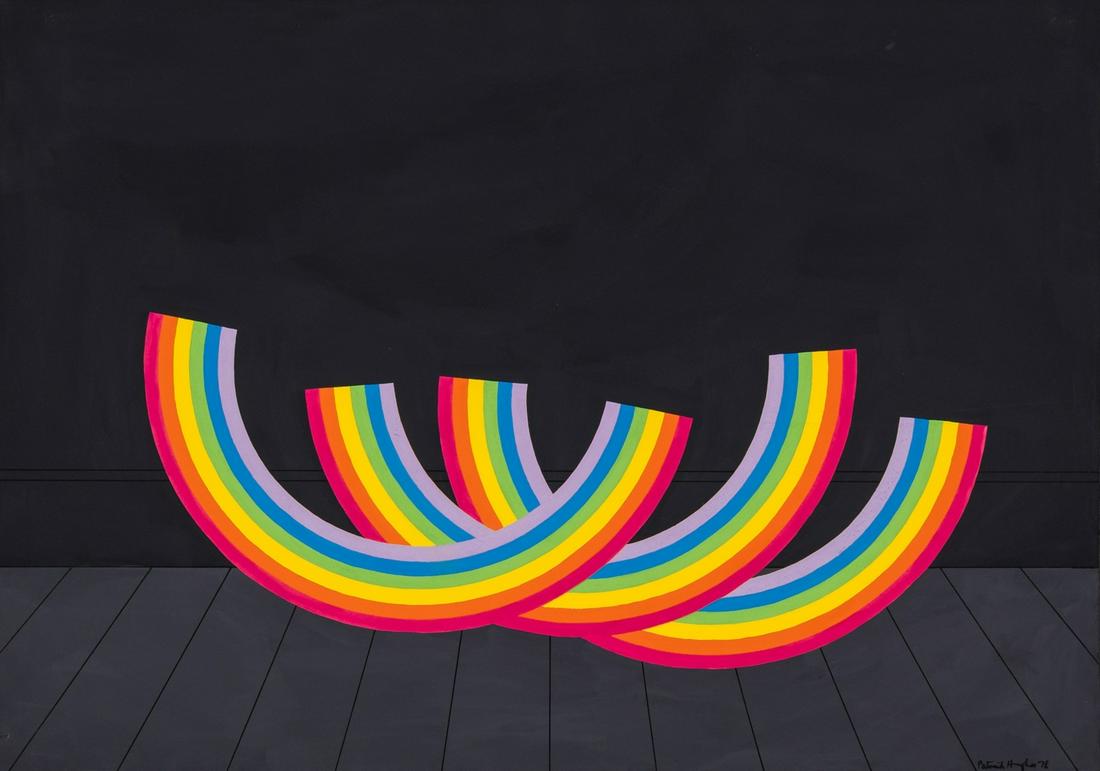 δ Patrick Hughes (b. 1939) Triple Rainbow: δ Patrick Hughes (b. 1939)Triple RainbowGouache on paper, 1978, signed and dated in black ink, the full sheet 520 x 710mm (20 3/8 x 28in)δ This lot is sold subject to Artists Resale Rights,