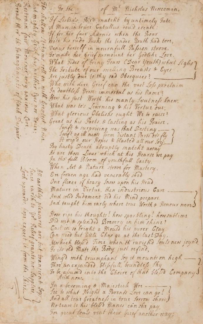 [Addison (Joseph, attributed to)] To the [Memory] of Mr. Nicholas Newcomen, manuscript poem, 1p., (1 of 1)
