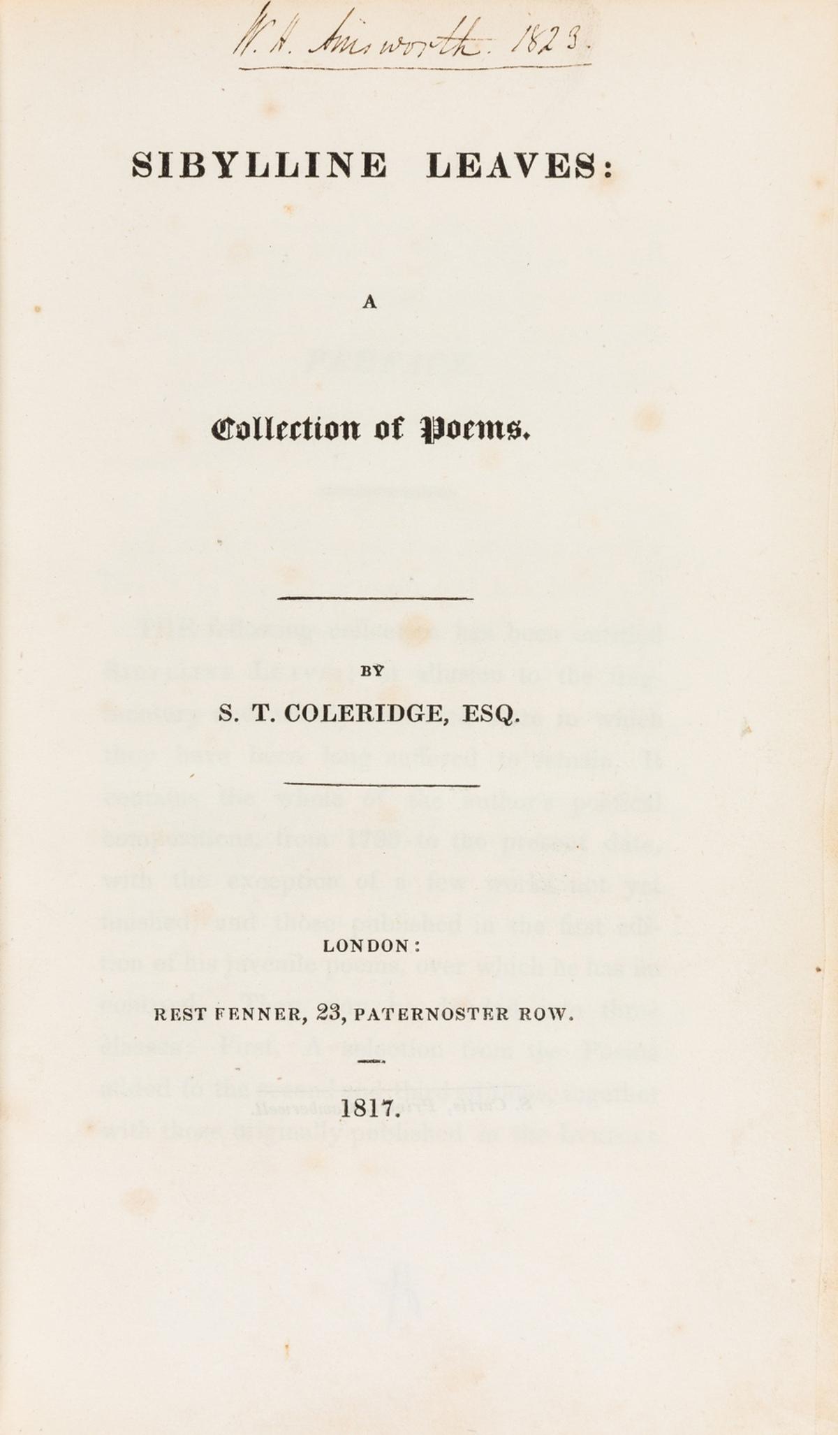 Coleridge (Samuel Taylor) Sibylline Leaves: A Collection of Poems, first edition, William Harrison's: Coleridge (Samuel Taylor) Sibylline Leaves: A Collection of Poems, first edition, errata leaf, William Harrison Ainsworth's copy with his ink inscriptions on half-title and title, both dated 1823, som