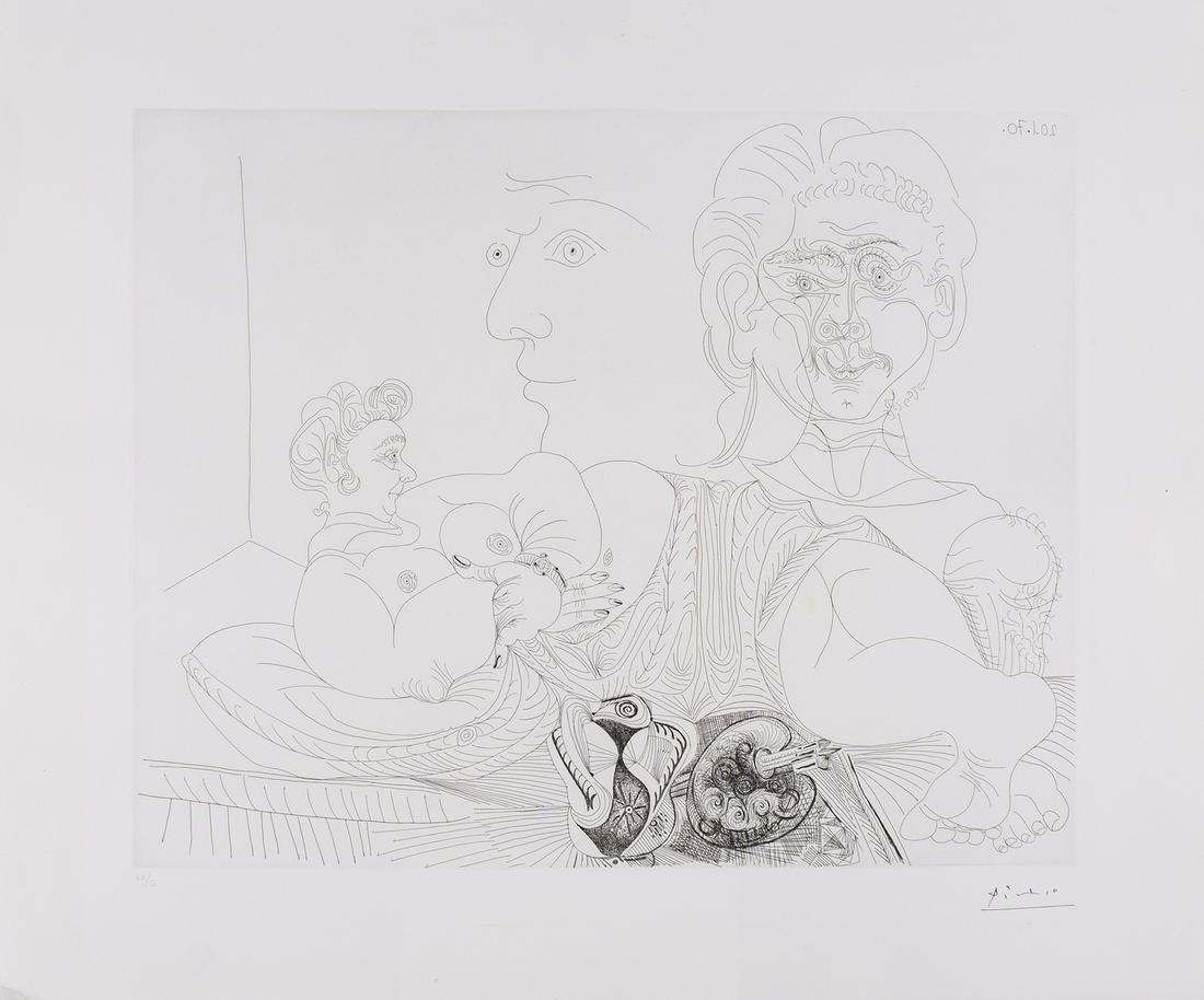 δ Pablo Picasso (1881-1973) Two Faces Viewing Corpulent Nude, 2ème état (Bloch 1859): δ Pablo Picasso (1881-1973)Two Faces Viewing Corpulent Nude, 2ème état (Bloch 1859)Etching, 1970, with the stamped signature, numbered from the edition of 50, published by Galerie Louis