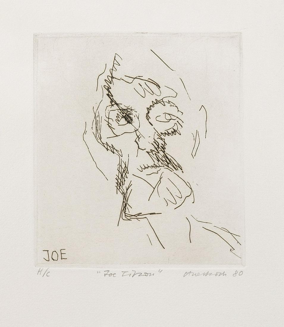 δ Frank Auerbach (b.1931) Joe Tilson (Hartley 9): δ Frank Auerbach (b.1931)Joe Tilson (Hartley 9)Etching, 1980, signed and numbered from the edition of 50 in pencil, published by Marlborough Graphics, London, on wove paper, with full margins, sh
