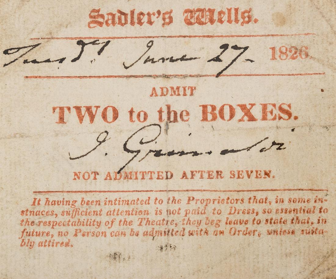 Grimaldi (Joseph) Sadler's Wells box pass signed for two people and made out to "Mr Brown", 1826. (1 of 1)