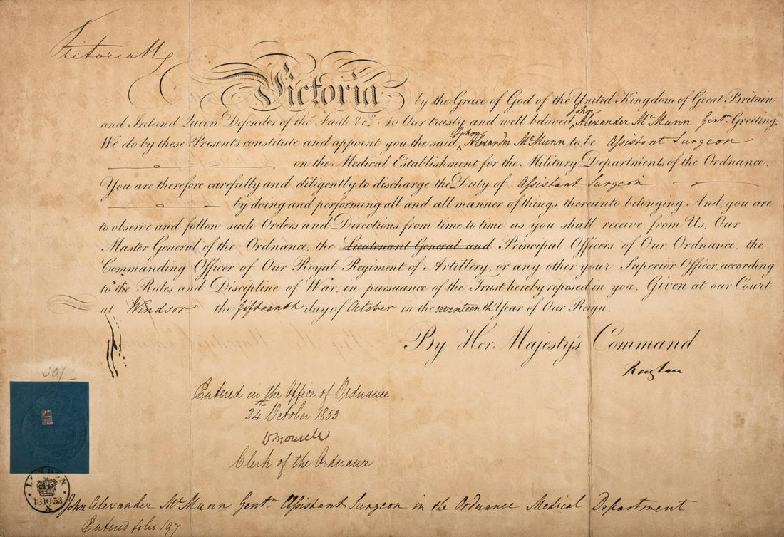 Victoria (Queen) Commission signed appointing John Alexander McMunn Assistant Surgeon on the Medial: Victoria (Queen of the United Kingdom of Great Britain and Ireland, and Empress of India, 1819-1901) Commission signed appointing John Alexander McMunn Assistant Surgeon on the Medial Establishment fo