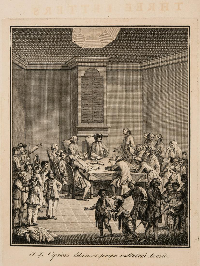 Hanway (Jonas) Three Letters on the Subject of the Marine Society, 1758; Two Letters..., 1758,: Hanway (Jonas) Three Letters on the Subject of the Marine Society, fine engraved frontispiece by J.B.Cipriani, title in red & black, Letter I second edition, Letter III with engraved frontispiece by H