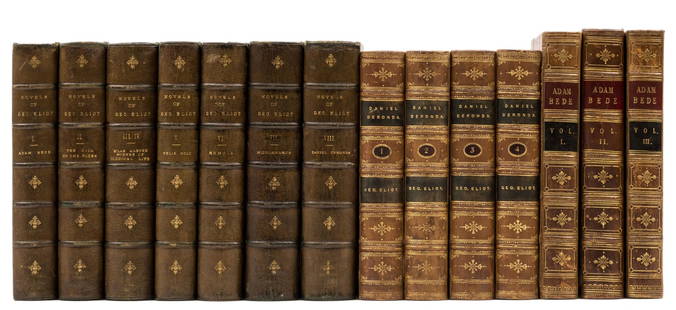 Eliot (George) Adam Bede, 3 vol., first edition, 1859; and 11 others by the same (14): [Evans (Mary Ann)] "George Eliot". Adam Bede, 3 vol., first edition, half-titles, divisional fly-titles, without 16pp. publisher's advertisement at end vol. 3, contemporary ink ownership inscription t