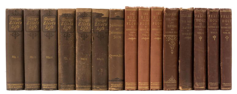 [Evans (Mary Ann)] "George Eliot". Mill on the Floss, 3 vol., first edition, 1860; and 12 others by: [Evans (Mary Ann)] "George Eliot". Mill on the Floss, 3 vol., half-titles, divisional fly-titles, vol. 3 with 16pp. publisher's catalogue at end, the odd scattered spot, pastedowns with four spots eac