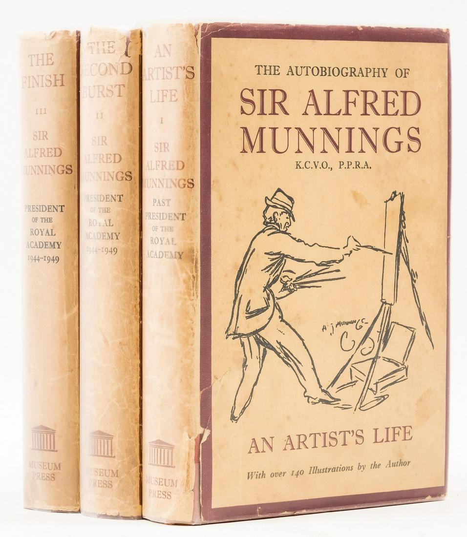 Munnings (Sir Alfred) [The Autobiography:] An Artist's Life; The Second Burst; The Finish, 3 vol.,: NO RESERVE Munnings (Sir Alfred) [The Autobiography:] An Artist's Life; The Second Burst; The Finish, 3 vol., first edition, plates and illustrations, contemporary ink ownership name to endpapers of v