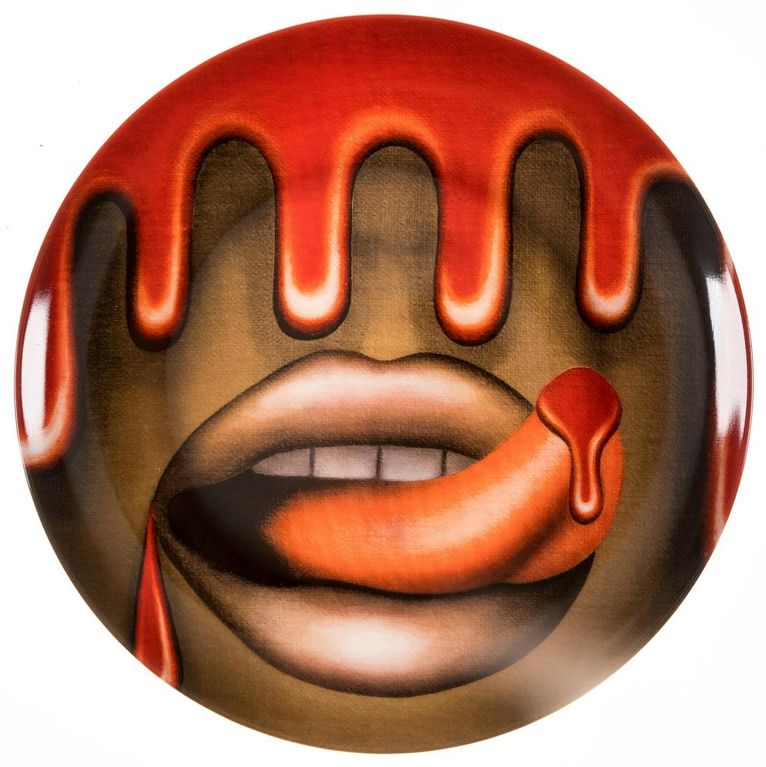 Emily Mae Smith (b.1979) Live Forever: Emily Mae Smith (b.1979)Live ForeverGlazed fine bone china plate, 2021, from the edition of 250, published by Prospect, New York to benefit Coalition For The Homeless, with presentation box, plate dia