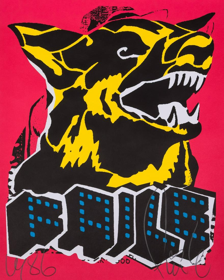 ** Faile aka Patrick McNeil (b. 1975) and Patrick Miller (b. 1976) Dog (Black Light): ** FAILE (b.1975 & 1976)Dog (Black Light Edition)Offset lithograph printed in colours, 2015, signed in pencil, from the edition of unknown size, published by Faile Shop, New York, with their verso, th