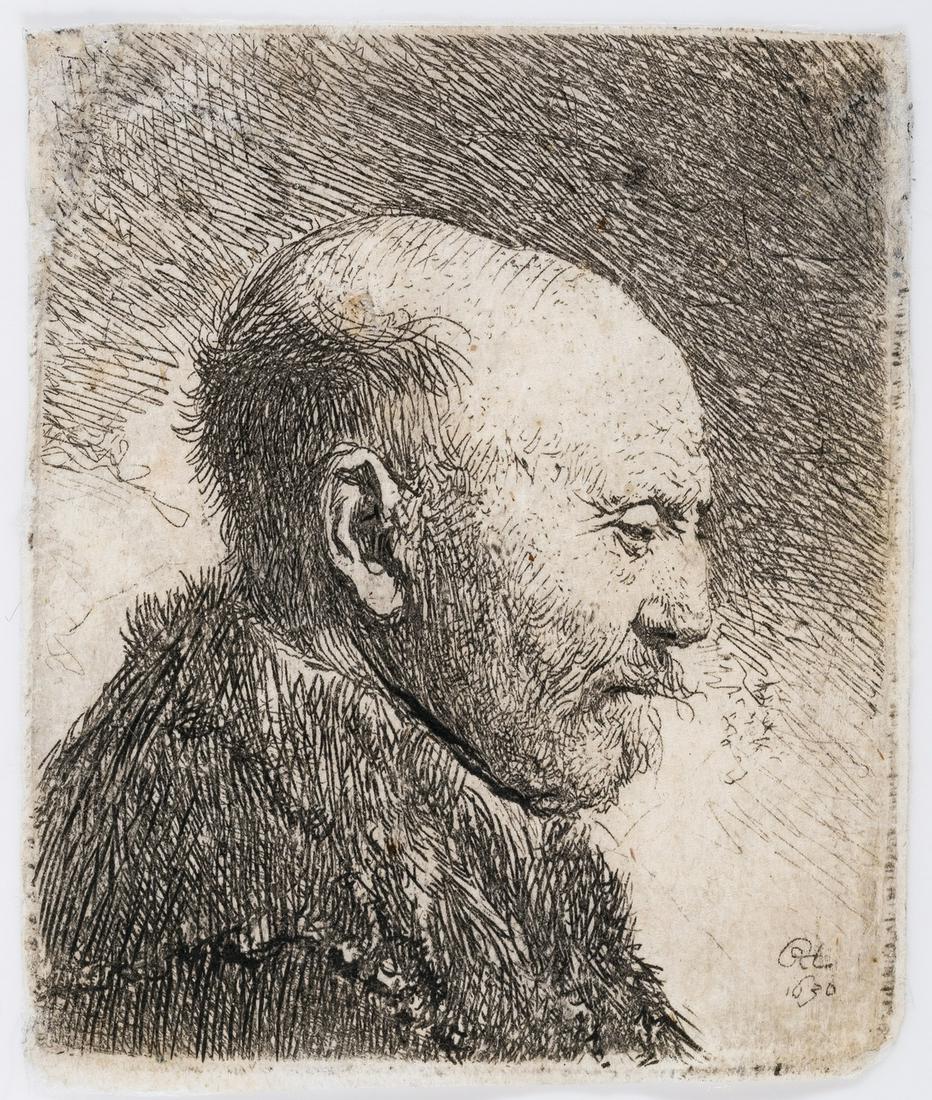 ** Rembrandt van Rijn (1606-1669) Bald Headed Man in Profile Right: the Artist's Father (?): ** Rembrandt van Rijn (1606-1669)Bald Headed Man in Profile Right: the Artist's Father (?)Etching, 1630, a good impression of New Hollstein's final state (of five) on laid paper without watermark, she