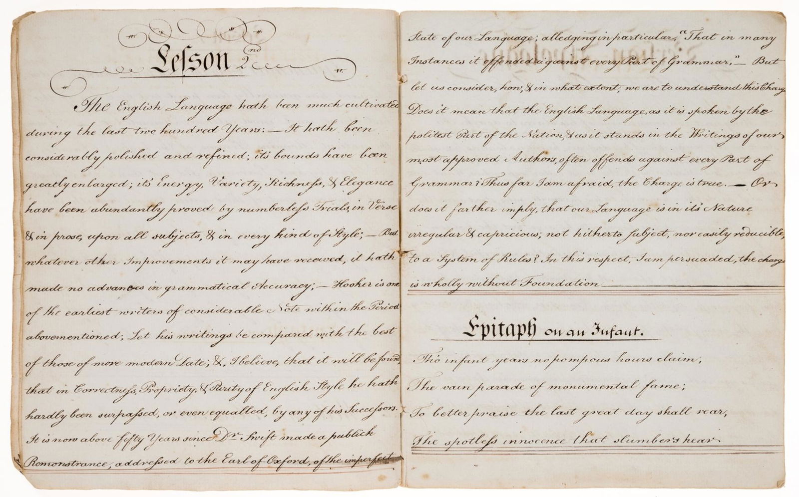 Juvenilia.- Hanson (William) [Lessons], manuscript poems, later ink ownership of John M. Morgan of: NO RESERVE Juvenilia.- Hanson (William) [Lessons], manuscript poems, title and 25pp., reverse entries, numerous ink corrections, slightly browned, later ink ownership of John M. Morgan of Neath, origi