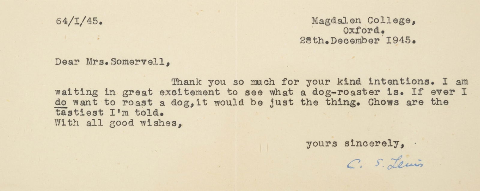 Lewis (C.S., writer and scholar, 1898-1963) Typed Letter signed to Mary Somervell, Magdalen College, (1 of 1)