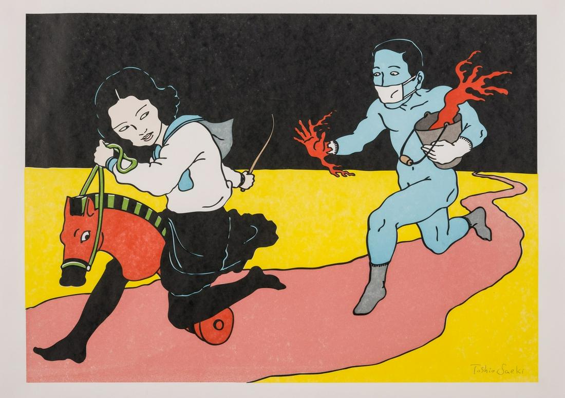 ** Toshio Saeki (1945-2019) after. Untitled: ** Toshio Saeki (1945-2019) after.UntitledHand letterpress printed in colours, 2013, signed in pencil, from the edition of 20, printed by Dexterity Press, Connecticut, on wove paper, with full margins